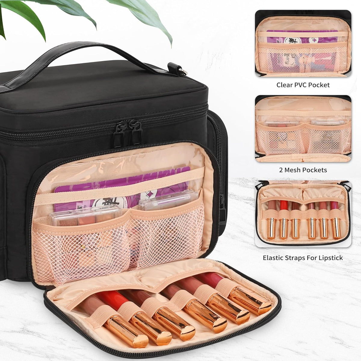 Bagmoly Large Makeup Bag, Portable Travel Makeup Bag Organizer for Women Girls with Makeup Brush Compartment & Two Side Pockets, Cosmetic Travel Bag Vertical Storage Toiletry Bag - Black