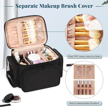 Bagmoly Large Makeup Bag, Portable Travel Makeup Bag Organizer for Women Girls with Makeup Brush Compartment & Two Side Pockets, Cosmetic Travel Bag Vertical Storage Toiletry Bag - Black