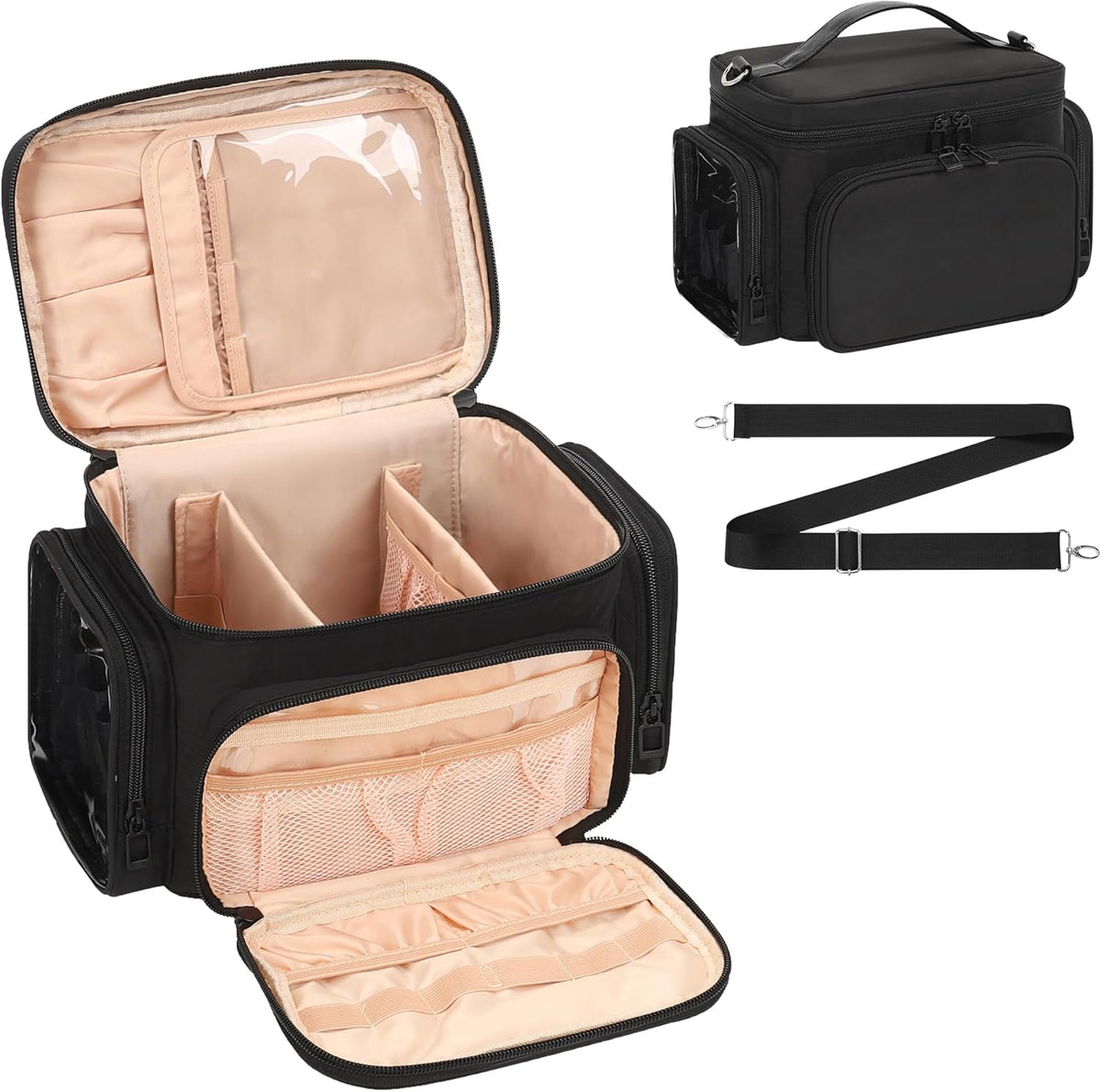 Bagmoly Large Makeup Bag, Portable Travel Makeup Bag Organizer for Women Girls with Makeup Brush Compartment & Two Side Pockets, Cosmetic Travel Bag Vertical Storage Toiletry Bag - Black