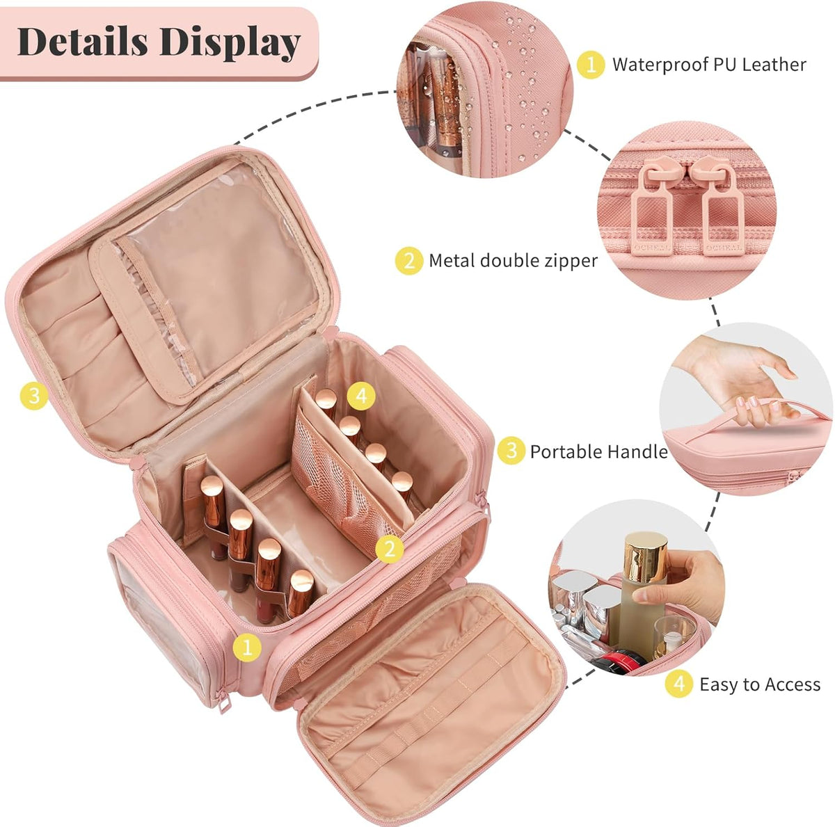 Bagmoly Large Makeup Bag, Portable Travel Makeup Bag Organizer for Women Girls with Makeup Brush Compartment & Two Side Pockets, Cosmetic Travel Bag Vertical Storage Toiletry Bag - Black