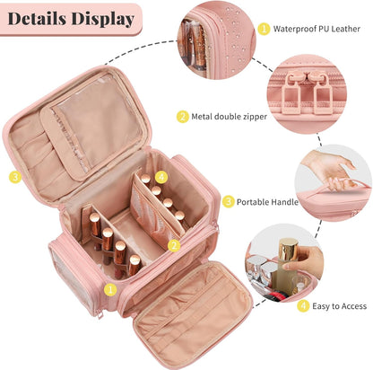 Bagmoly Large Makeup Bag, Portable Travel Makeup Bag Organizer for Women Girls with Makeup Brush Compartment & Two Side Pockets, Cosmetic Travel Bag Vertical Storage Toiletry Bag - Black