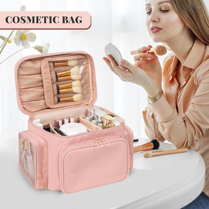 Bagmoly Large Makeup Bag, Portable Travel Makeup Bag Organizer for Women Girls with Makeup Brush Compartment & Two Side Pockets, Cosmetic Travel Bag Vertical Storage Toiletry Bag - Black