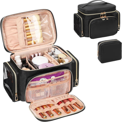 Bagmoly Large Makeup Bag, Portable Travel Makeup Bag Organizer for Women Girls with Makeup Brush Compartment & Two Side Pockets, Cosmetic Travel Bag Vertical Storage Toiletry Bag - Black