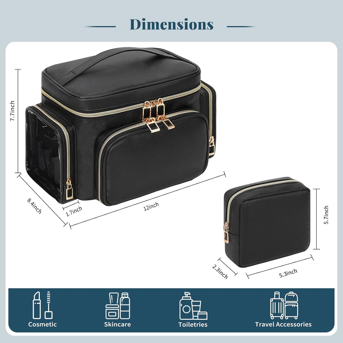 Bagmoly Large Makeup Bag, Portable Travel Makeup Bag Organizer for Women Girls with Makeup Brush Compartment & Two Side Pockets, Cosmetic Travel Bag Vertical Storage Toiletry Bag - Black