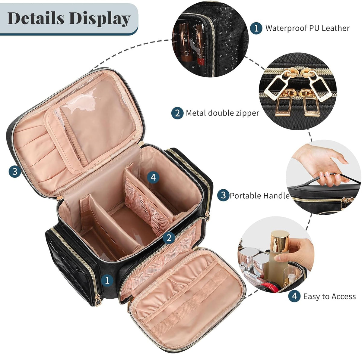 Bagmoly Large Makeup Bag, Portable Travel Makeup Bag Organizer for Women Girls with Makeup Brush Compartment & Two Side Pockets, Cosmetic Travel Bag Vertical Storage Toiletry Bag - Black