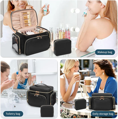 Bagmoly Large Makeup Bag, Portable Travel Makeup Bag Organizer for Women Girls with Makeup Brush Compartment & Two Side Pockets, Cosmetic Travel Bag Vertical Storage Toiletry Bag - Black