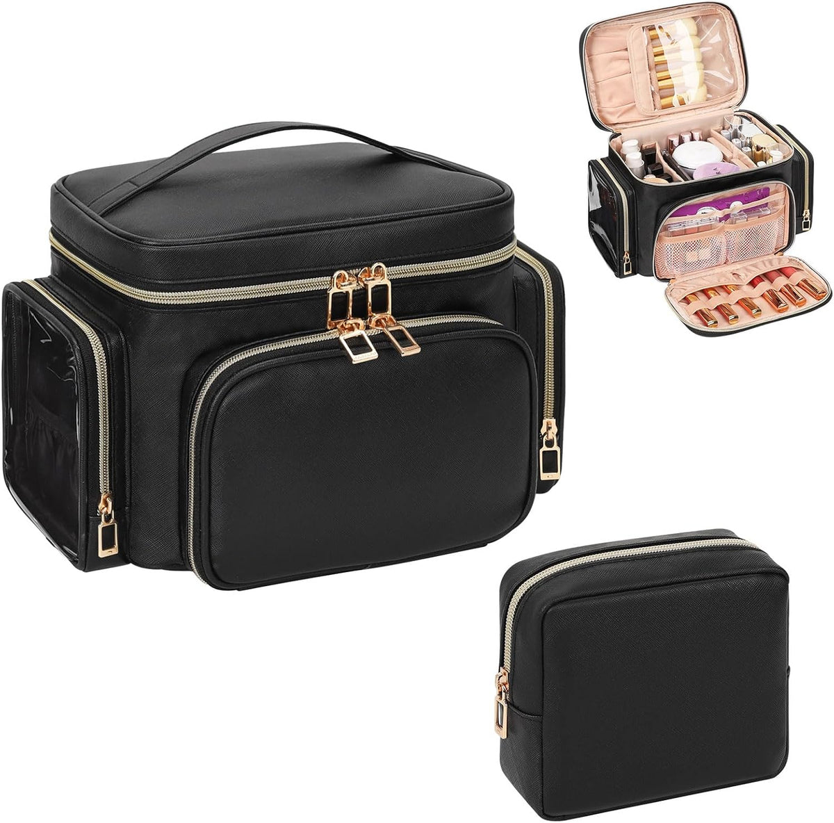 Bagmoly Large Makeup Bag, Portable Travel Makeup Bag Organizer for Women Girls with Makeup Brush Compartment & Two Side Pockets, Cosmetic Travel Bag Vertical Storage Toiletry Bag - Black