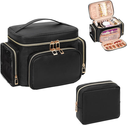 Bagmoly Large Makeup Bag, Portable Travel Makeup Bag Organizer for Women Girls with Makeup Brush Compartment & Two Side Pockets, Cosmetic Travel Bag Vertical Storage Toiletry Bag - Black