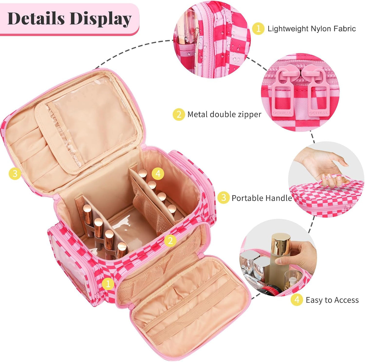 Bagmoly Large Makeup Bag, Portable Travel Makeup Bag Organizer for Women Girls with Makeup Brush Compartment & Two Side Pockets, Cosmetic Travel Bag Vertical Storage Toiletry Bag - Black