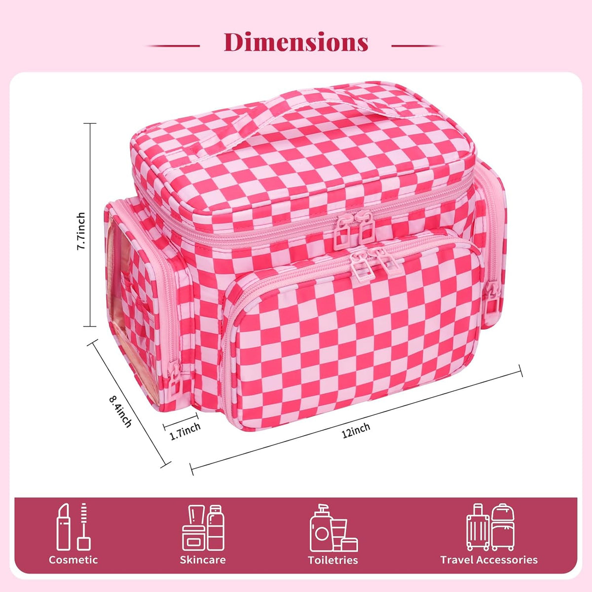 Bagmoly Large Makeup Bag, Portable Travel Makeup Bag Organizer for Women Girls with Makeup Brush Compartment & Two Side Pockets, Cosmetic Travel Bag Vertical Storage Toiletry Bag - Black
