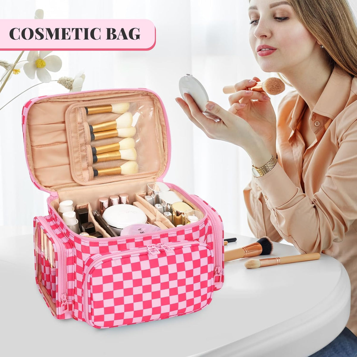 Bagmoly Large Makeup Bag, Portable Travel Makeup Bag Organizer for Women Girls with Makeup Brush Compartment & Two Side Pockets, Cosmetic Travel Bag Vertical Storage Toiletry Bag - Black