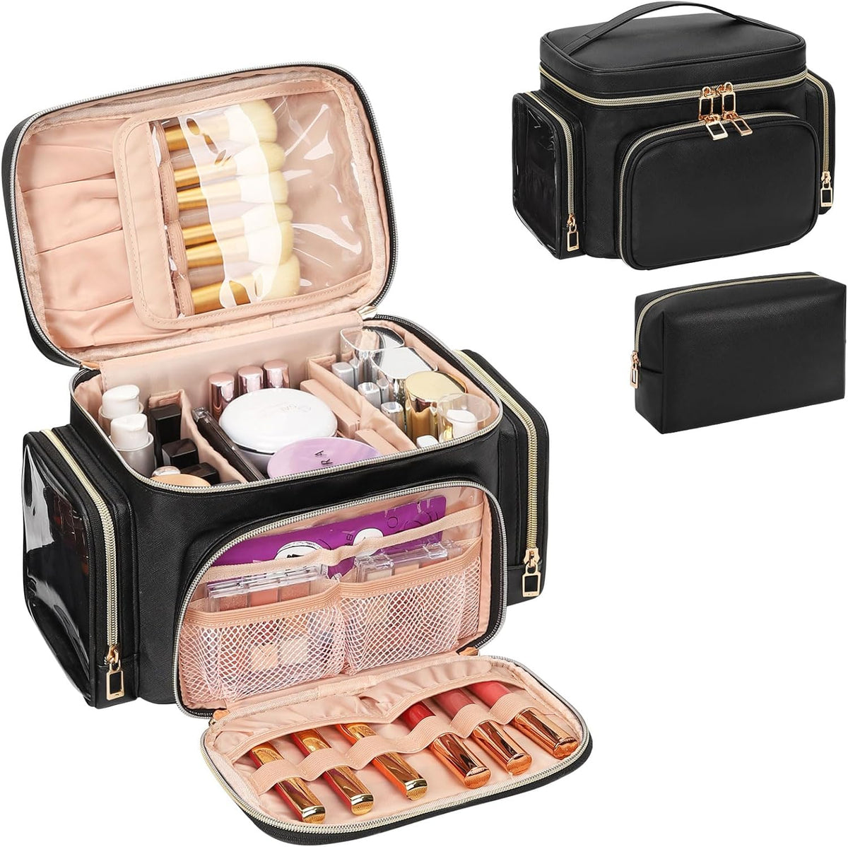 Bagmoly Large Makeup Bag, Portable Travel Makeup Bag Organizer for Women Girls with Makeup Brush Compartment & Two Side Pockets, Cosmetic Travel Bag Vertical Storage Toiletry Bag - Black