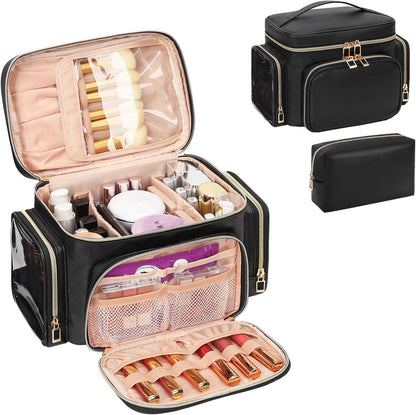 Bagmoly Large Makeup Bag, Portable Travel Makeup Bag Organizer for Women Girls with Makeup Brush Compartment & Two Side Pockets, Cosmetic Travel Bag Vertical Storage Toiletry Bag - Black