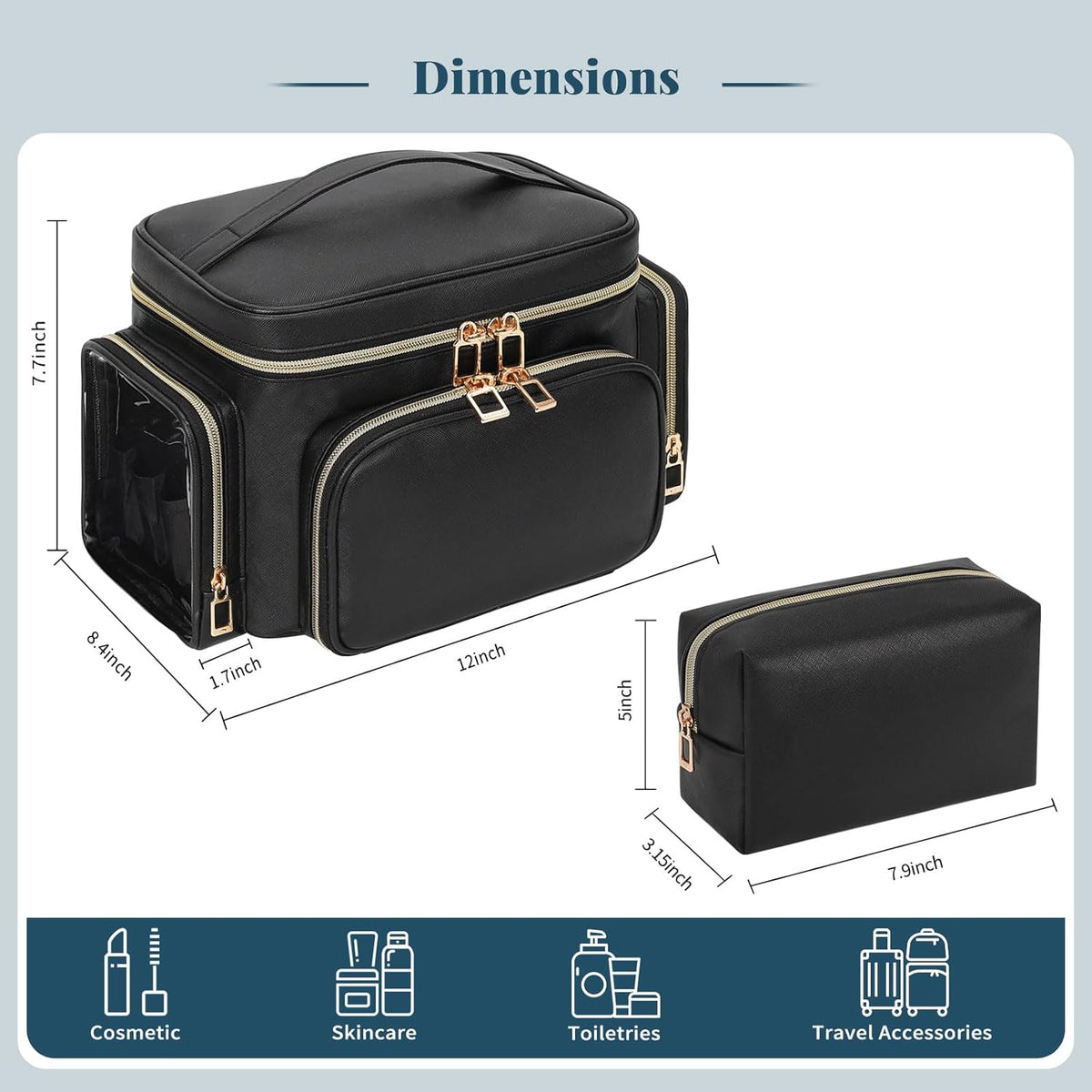 Bagmoly Large Makeup Bag, Portable Travel Makeup Bag Organizer for Women Girls with Makeup Brush Compartment & Two Side Pockets, Cosmetic Travel Bag Vertical Storage Toiletry Bag - Black