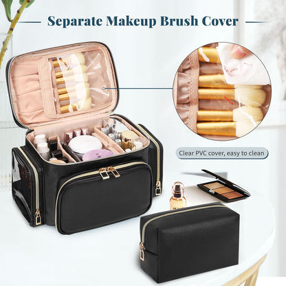 Bagmoly Large Makeup Bag, Portable Travel Makeup Bag Organizer for Women Girls with Makeup Brush Compartment & Two Side Pockets, Cosmetic Travel Bag Vertical Storage Toiletry Bag - Black