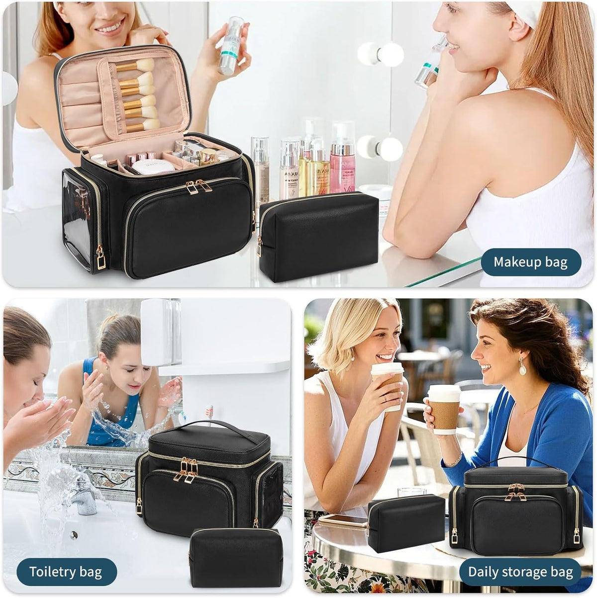 Bagmoly Large Makeup Bag, Portable Travel Makeup Bag Organizer for Women Girls with Makeup Brush Compartment & Two Side Pockets, Cosmetic Travel Bag Vertical Storage Toiletry Bag - Black