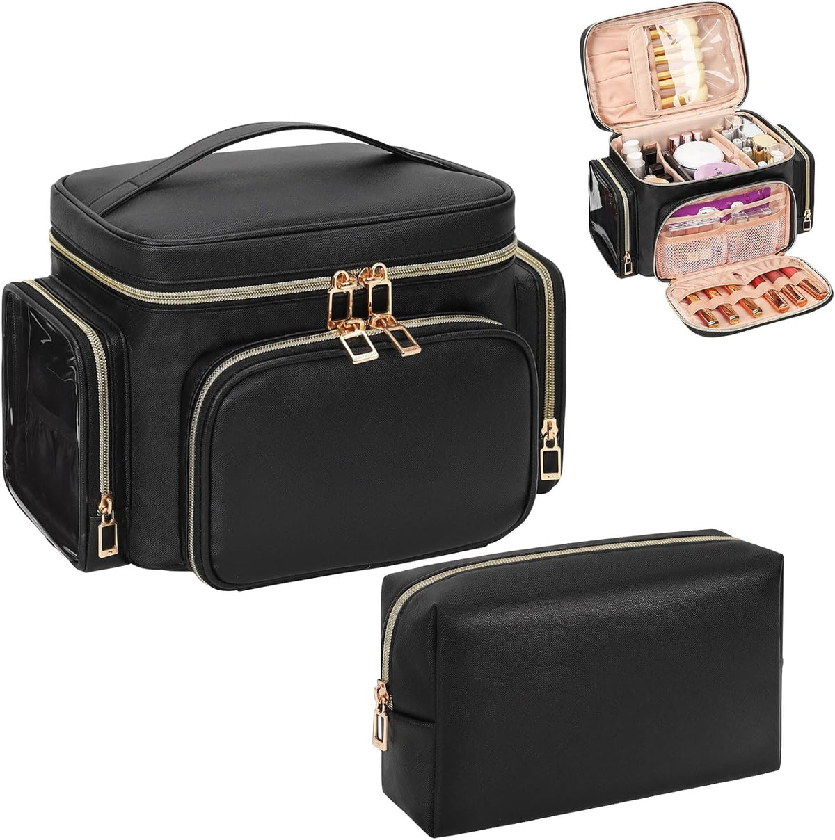 Bagmoly Large Makeup Bag, Portable Travel Makeup Bag Organizer for Women Girls with Makeup Brush Compartment & Two Side Pockets, Cosmetic Travel Bag Vertical Storage Toiletry Bag - Black