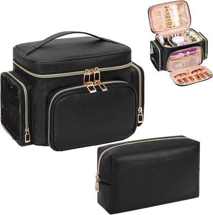 Bagmoly Large Makeup Bag, Portable Travel Makeup Bag Organizer for Women Girls with Makeup Brush Compartment & Two Side Pockets, Cosmetic Travel Bag Vertical Storage Toiletry Bag - Black
