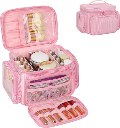 Bagmoly Large Makeup Bag, Portable Travel Makeup Bag Organizer for Women Girls with Makeup Brush Compartment & Two Side Pockets, Cosmetic Travel Bag Vertical Storage Toiletry Bag - Black