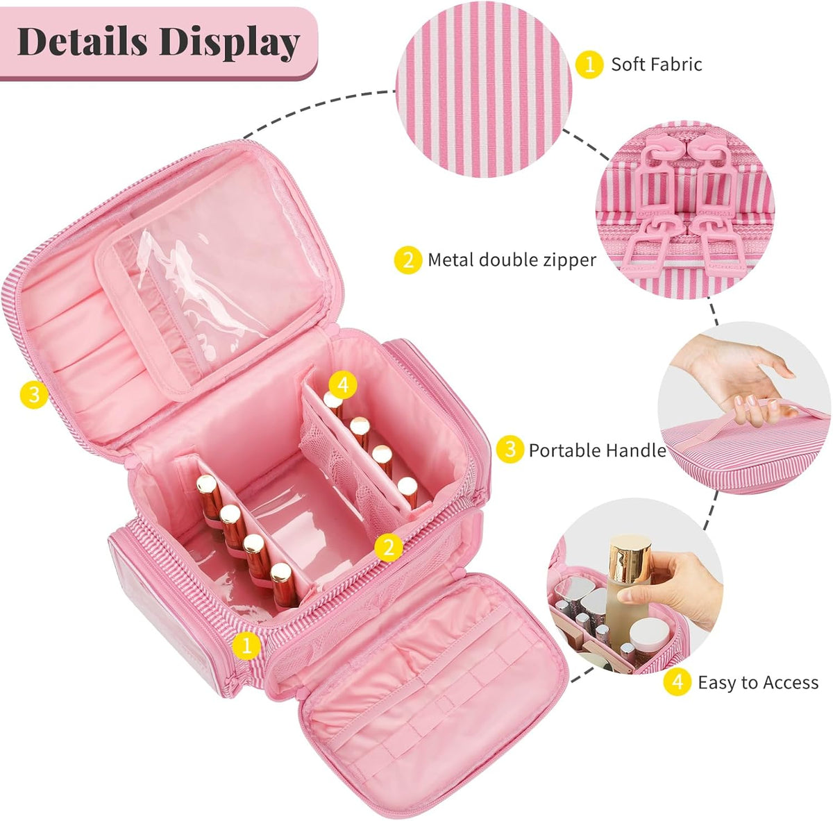 Bagmoly Large Makeup Bag, Portable Travel Makeup Bag Organizer for Women Girls with Makeup Brush Compartment & Two Side Pockets, Cosmetic Travel Bag Vertical Storage Toiletry Bag - Black