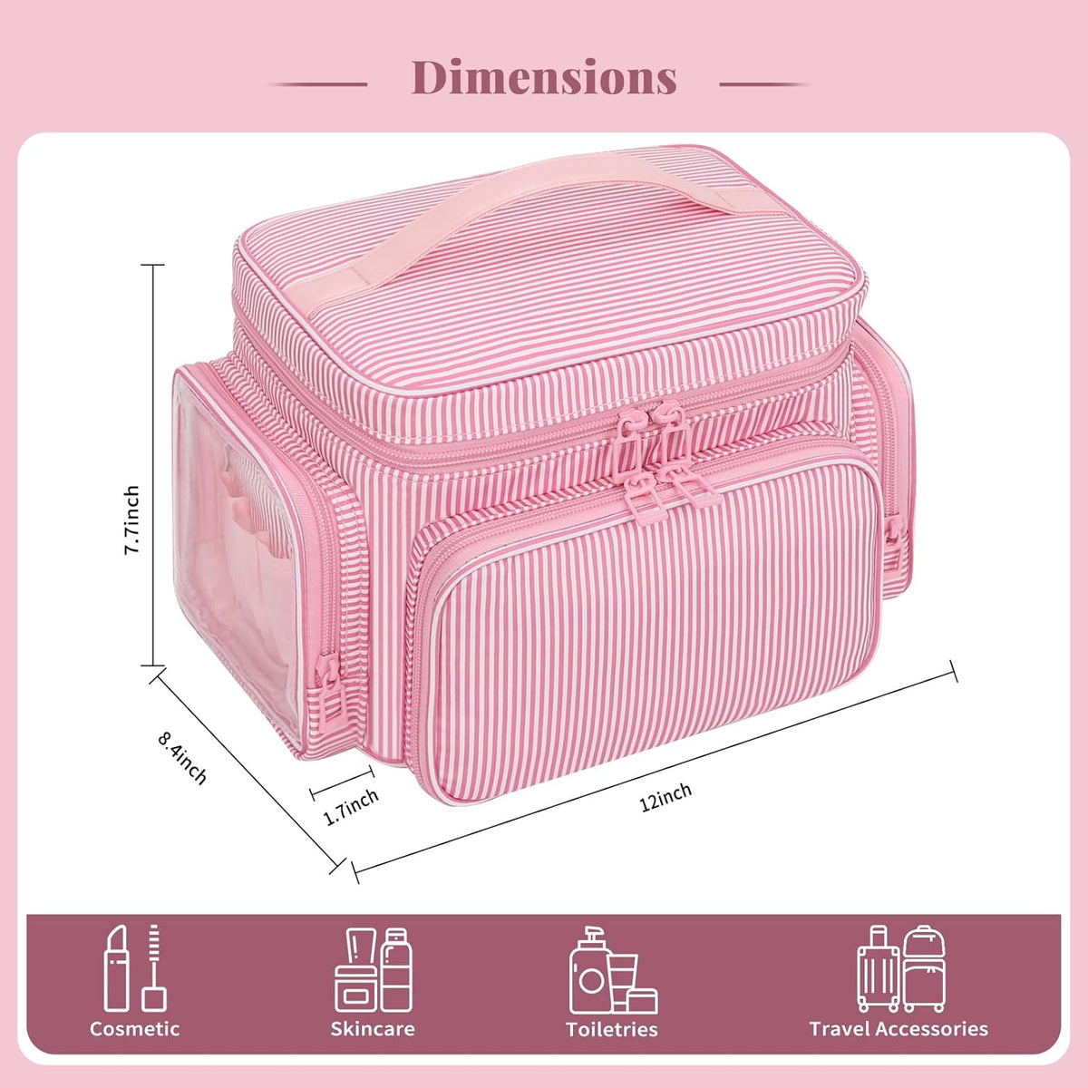 Bagmoly Large Makeup Bag, Portable Travel Makeup Bag Organizer for Women Girls with Makeup Brush Compartment & Two Side Pockets, Cosmetic Travel Bag Vertical Storage Toiletry Bag - Black