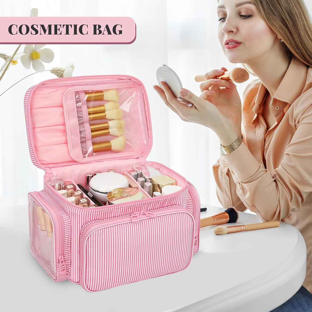 Bagmoly Large Makeup Bag, Portable Travel Makeup Bag Organizer for Women Girls with Makeup Brush Compartment & Two Side Pockets, Cosmetic Travel Bag Vertical Storage Toiletry Bag - Black