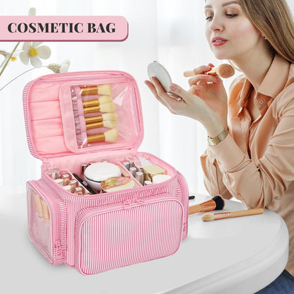 Bagmoly Large Makeup Bag, Portable Travel Makeup Bag Organizer for Women Girls with Makeup Brush Compartment & Two Side Pockets, Cosmetic Travel Bag Vertical Storage Toiletry Bag - Black