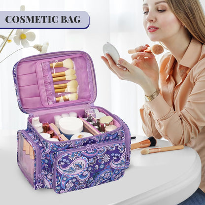 Bagmoly Large Makeup Bag, Portable Travel Makeup Bag Organizer for Women Girls with Makeup Brush Compartment & Two Side Pockets, Cosmetic Travel Bag Vertical Storage Toiletry Bag - Black