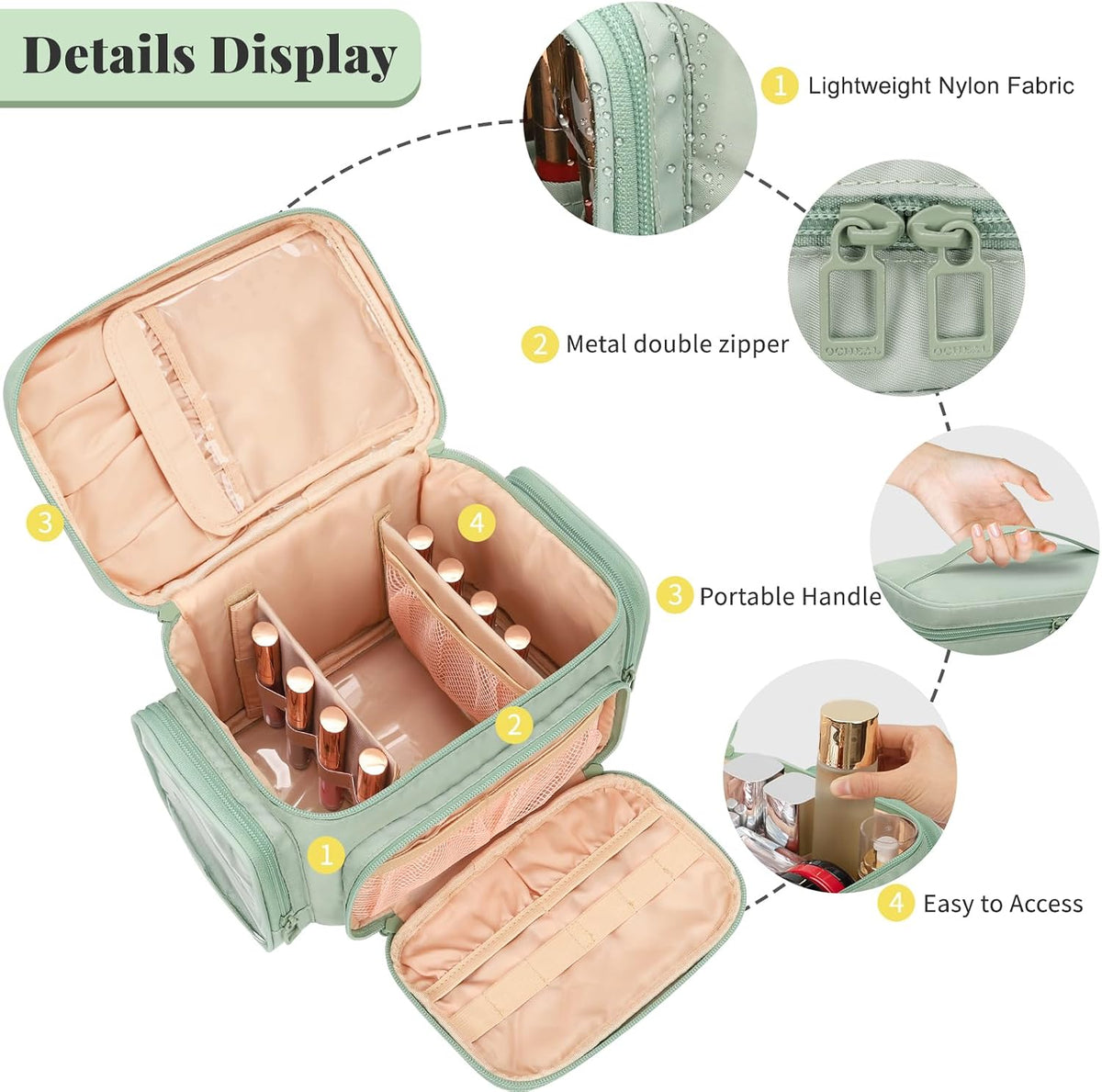 Bagmoly Large Makeup Bag, Portable Travel Makeup Bag Organizer for Women Girls with Makeup Brush Compartment & Two Side Pockets, Cosmetic Travel Bag Vertical Storage Toiletry Bag - Black