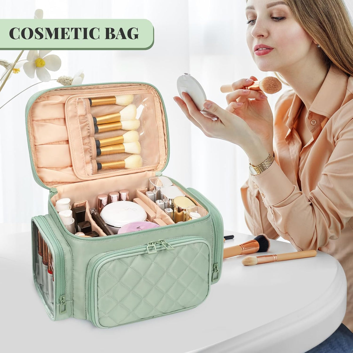 Bagmoly Large Makeup Bag, Portable Travel Makeup Bag Organizer for Women Girls with Makeup Brush Compartment & Two Side Pockets, Cosmetic Travel Bag Vertical Storage Toiletry Bag - Black