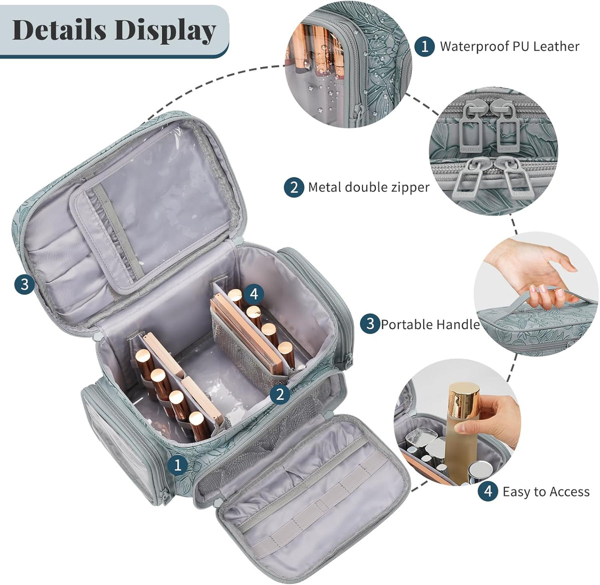 Bagmoly Large Makeup Bag, Portable Travel Makeup Bag Organizer for Women Girls with Makeup Brush Compartment & Two Side Pockets, Cosmetic Travel Bag Vertical Storage Toiletry Bag - Black