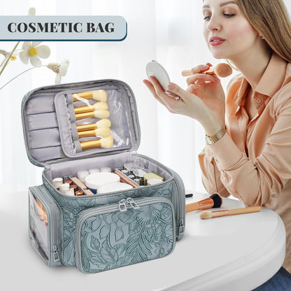 Bagmoly Large Makeup Bag, Portable Travel Makeup Bag Organizer for Women Girls with Makeup Brush Compartment & Two Side Pockets, Cosmetic Travel Bag Vertical Storage Toiletry Bag - Black