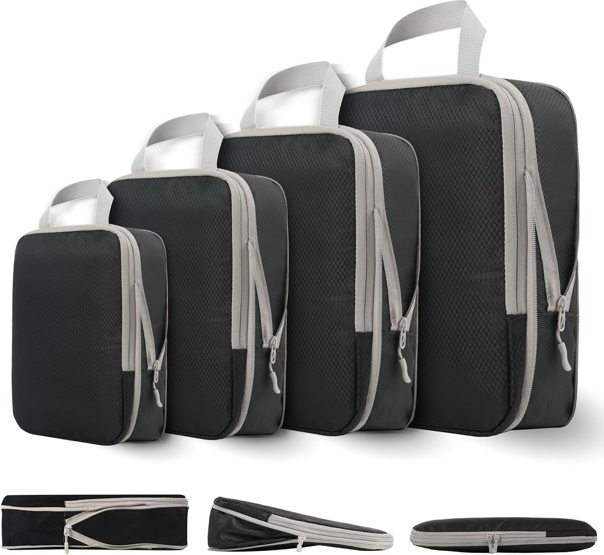 Compression Packing Cubes for Travel, 4 Set Expandable Packing Organizers, Lightweight Luggage Organizer Bags, Travel Essentials for Carry on, Handy Helper for Organizing Clothes，Black