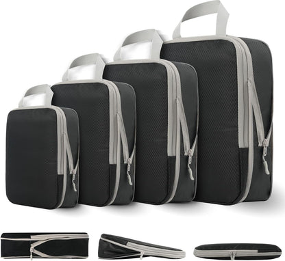 Compression Packing Cubes for Travel, 4 Set Expandable Packing Organizers, Lightweight Luggage Organizer Bags, Travel Essentials for Carry on, Handy Helper for Organizing Clothes，Black