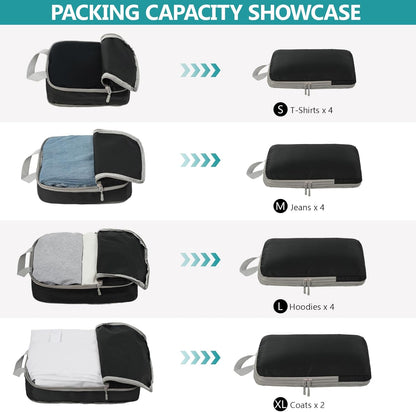 Compression Packing Cubes for Travel, 4 Set Expandable Packing Organizers, Lightweight Luggage Organizer Bags, Travel Essentials for Carry on, Handy Helper for Organizing Clothes，Black