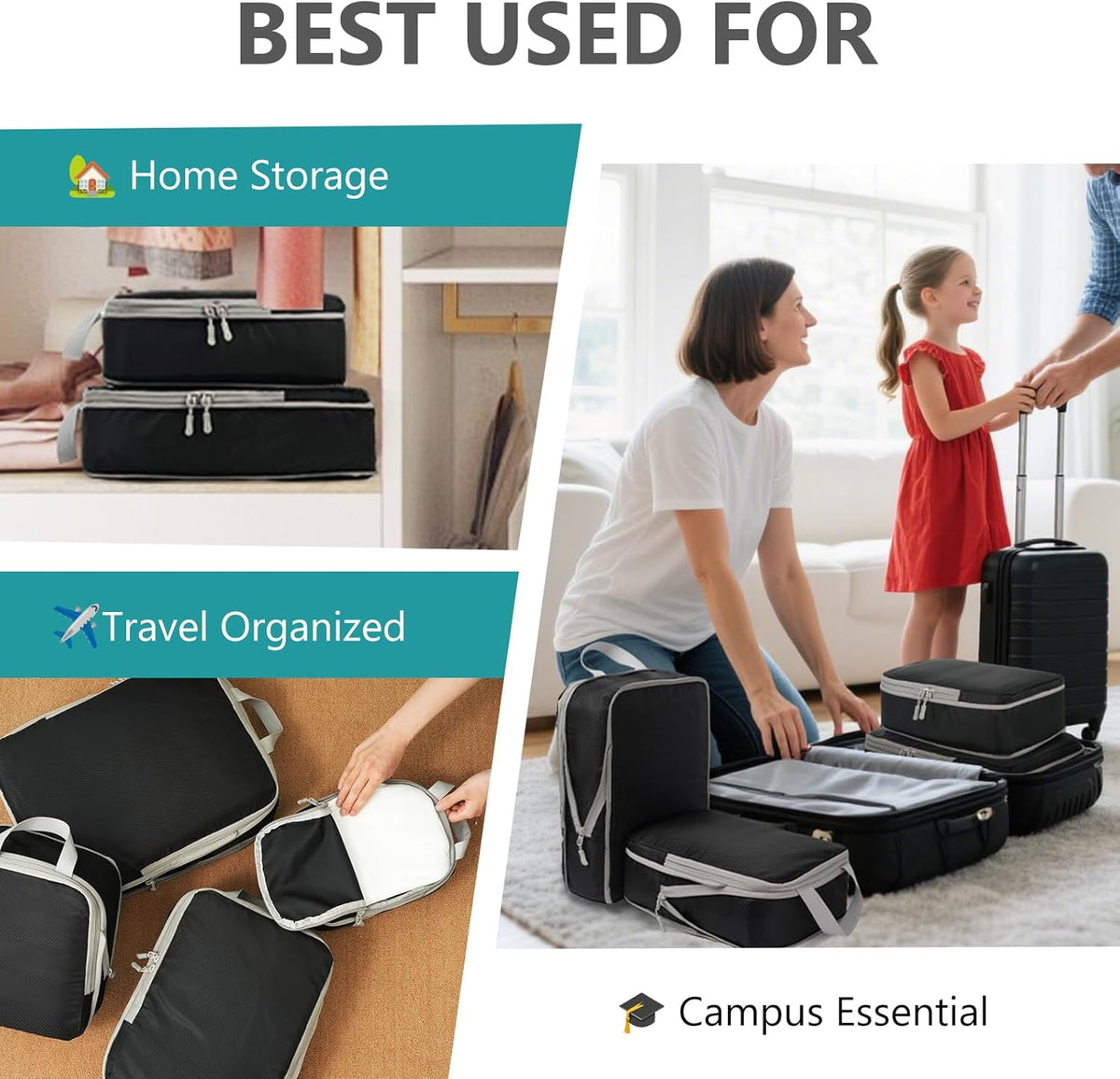 Compression Packing Cubes for Travel, 4 Set Expandable Packing Organizers, Lightweight Luggage Organizer Bags, Travel Essentials for Carry on, Handy Helper for Organizing Clothes，Black
