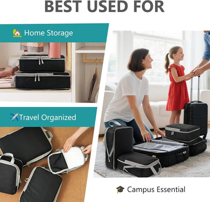 Compression Packing Cubes for Travel, 4 Set Expandable Packing Organizers, Lightweight Luggage Organizer Bags, Travel Essentials for Carry on, Handy Helper for Organizing Clothes，Black