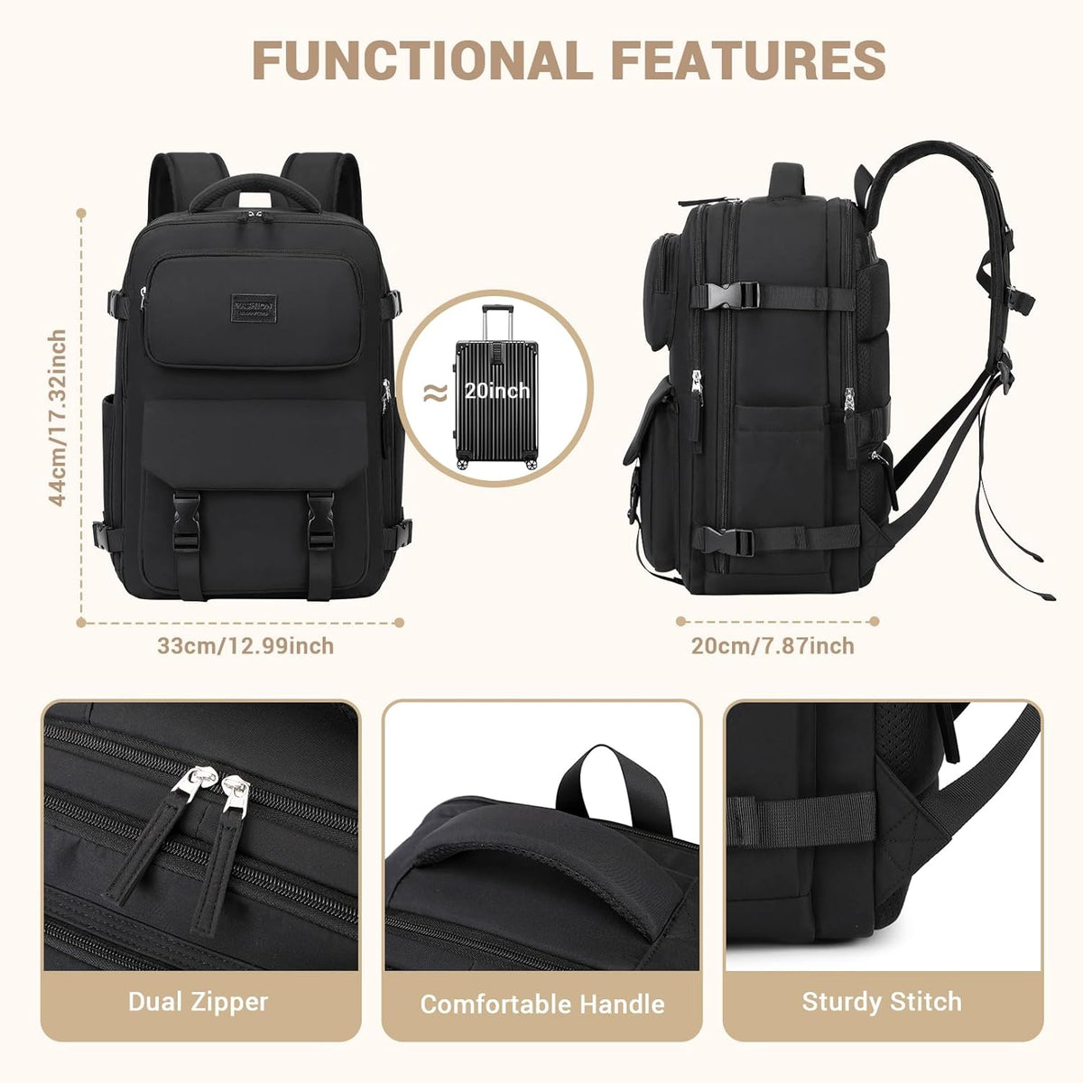 Travel Backpack for Women Men Carry On Flight Approved 3pcs Set Personal Item Travel Bag With Luggage Strap