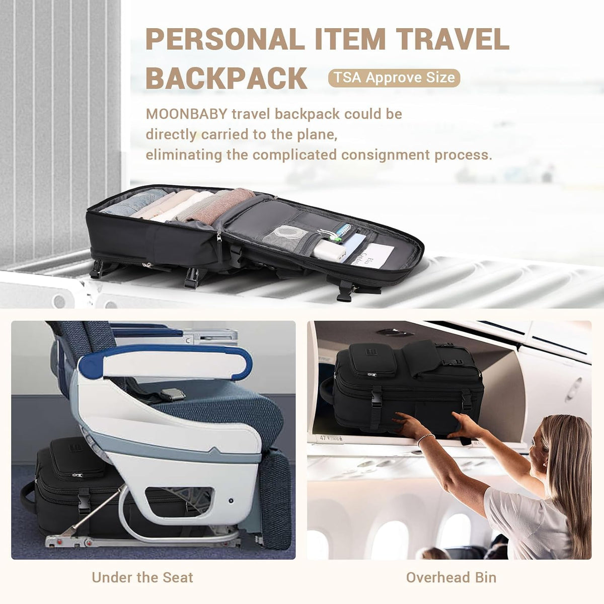Travel Backpack for Women Men Carry On Flight Approved 3pcs Set Personal Item Travel Bag With Luggage Strap