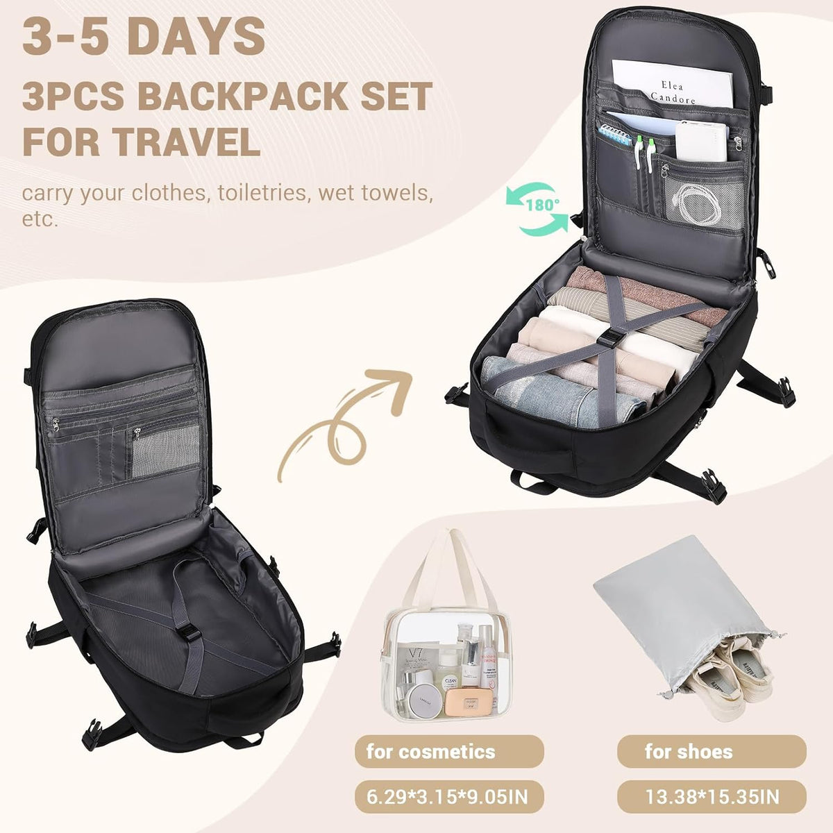 Travel Backpack for Women Men Carry On Flight Approved 3pcs Set Personal Item Travel Bag With Luggage Strap