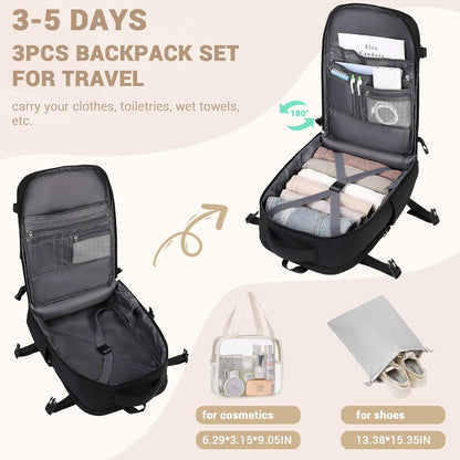 Travel Backpack for Women Men Carry On Flight Approved 3pcs Set Personal Item Travel Bag With Luggage Strap