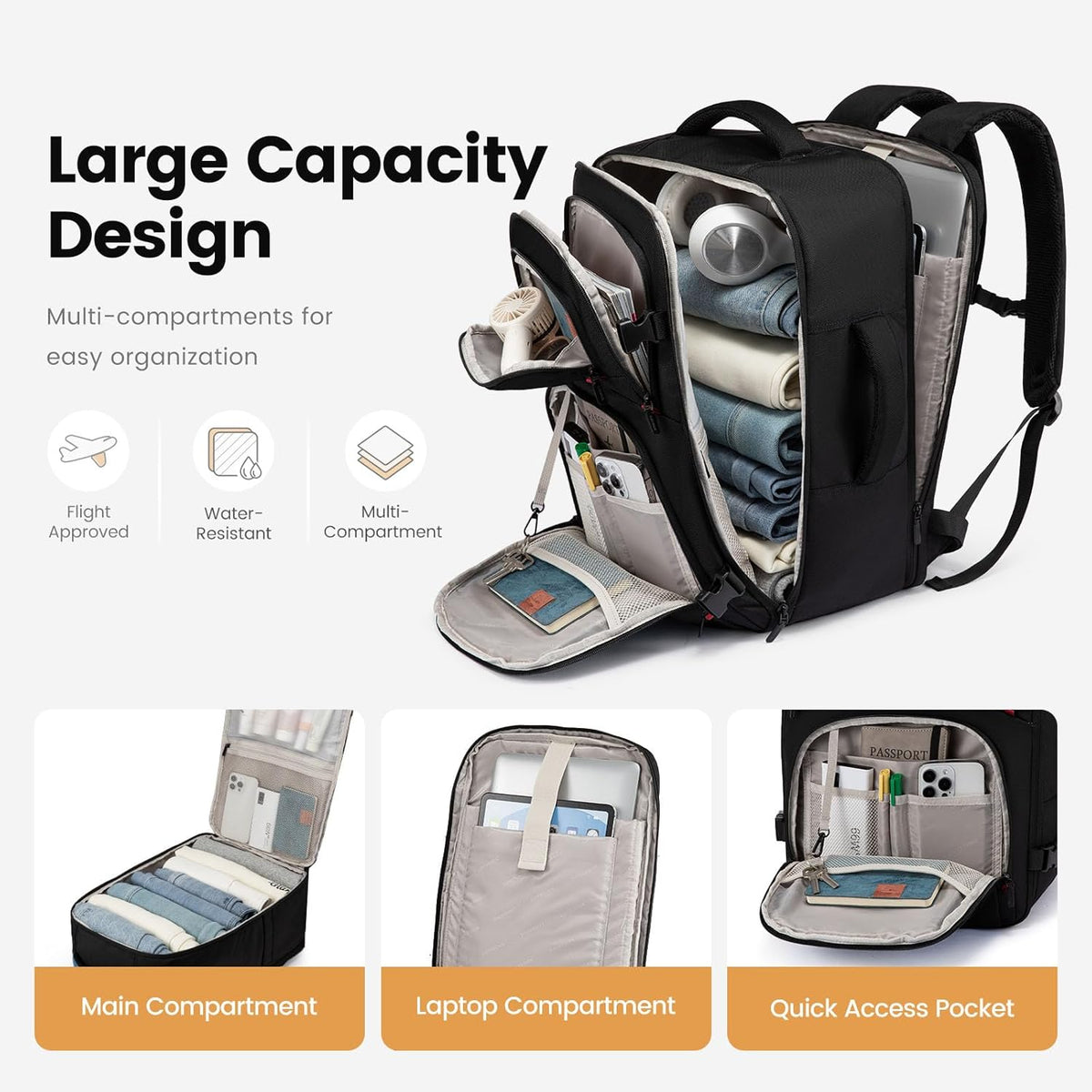 40L Travel Backpack for Men - Airline Approved Carry On Backpack | TSA Bags with 3 Packing Cubes, Waterproof Weekender Backpack Fits 17" Laptop, Overnight Personal Item Bag for Business Trips