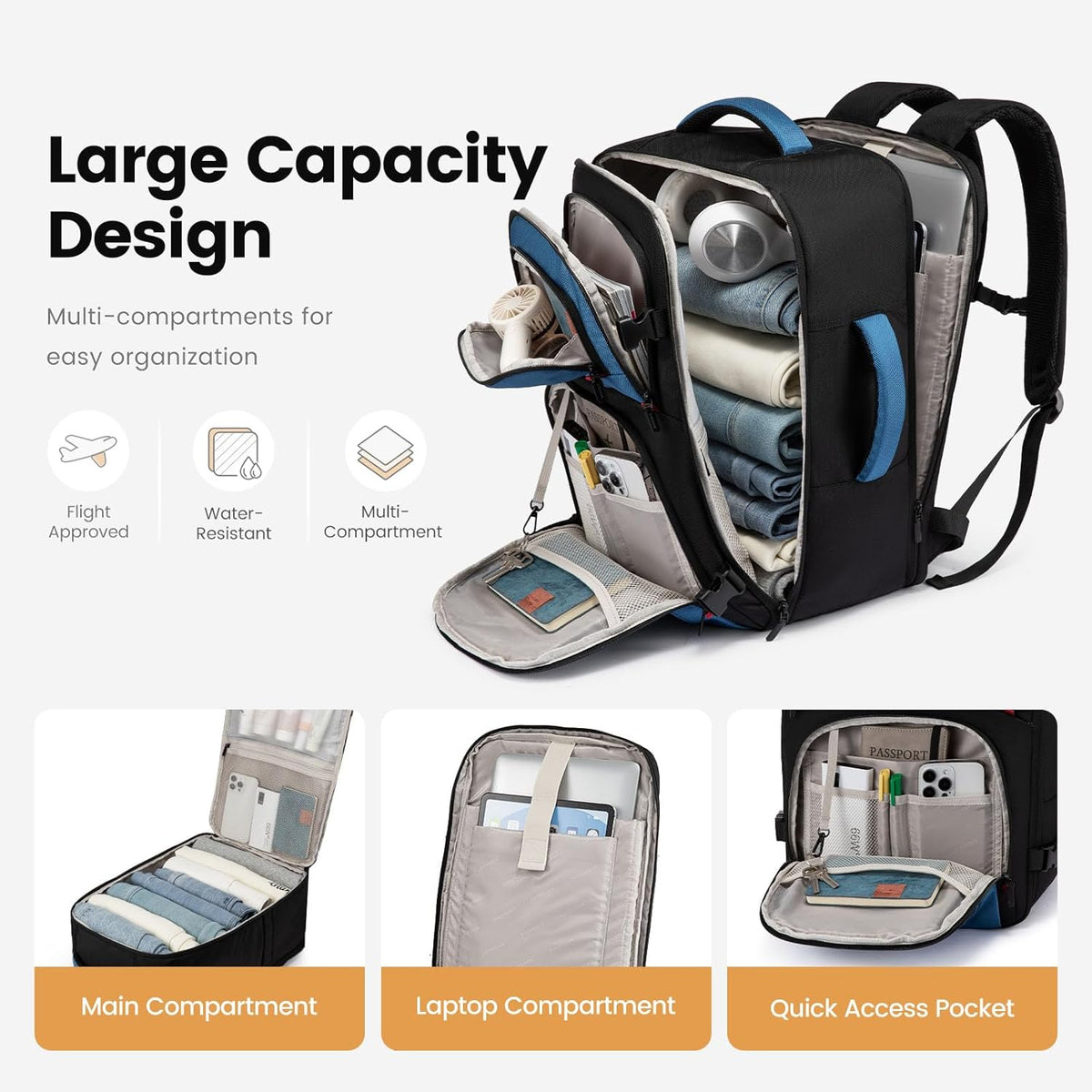 40L Travel Backpack for Men - Airline Approved Carry On Backpack | TSA Bags with 3 Packing Cubes, Waterproof Weekender Backpack Fits 17" Laptop, Overnight Personal Item Bag for Business Trips