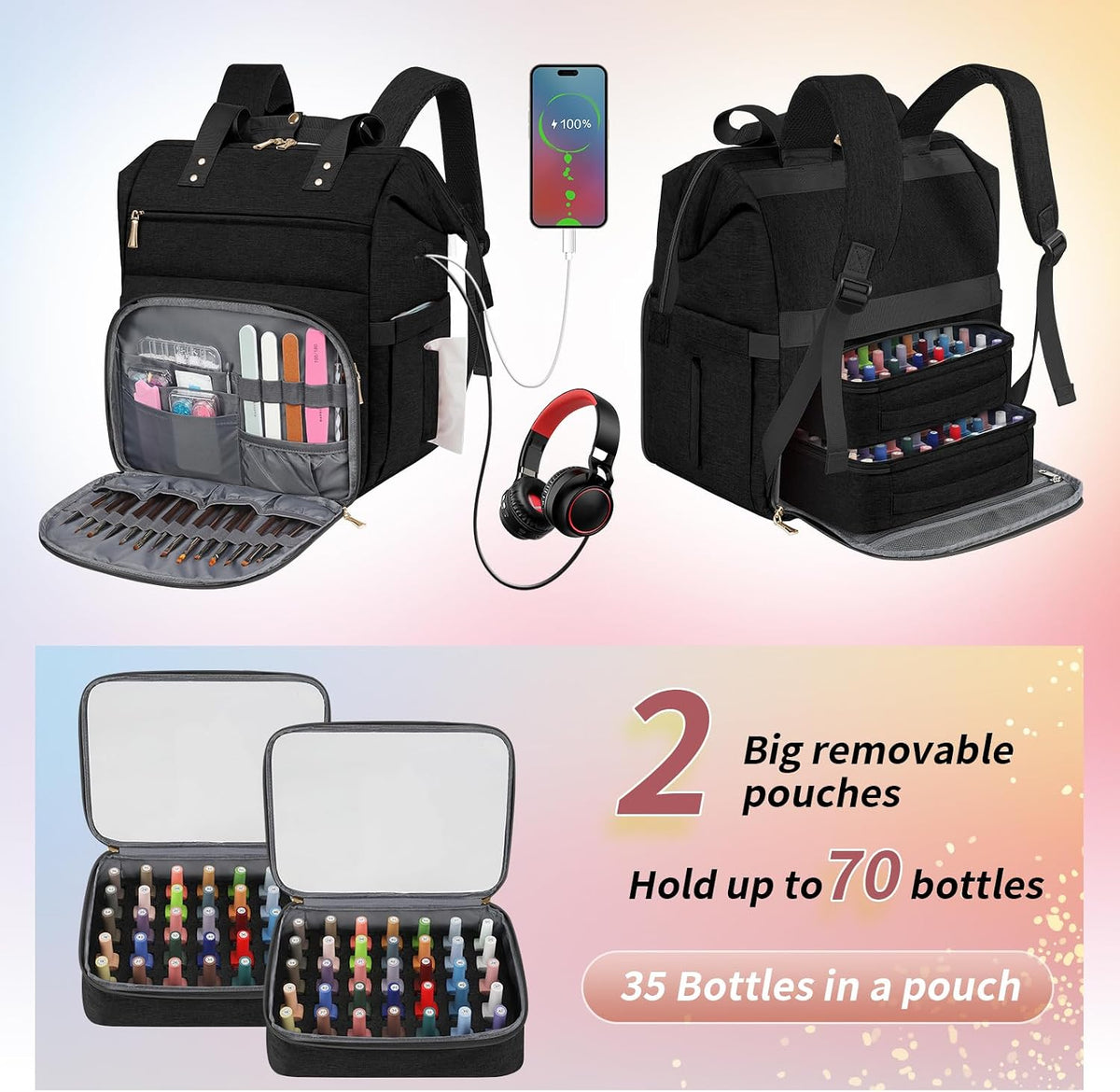 Nail Polish Organizer Case Backpack Holds 70 Bottles (15ml/0.5fl.oz) & Nail Lamp, 2 Layers Detachable Nail Kit Storage Case, Large Travel Nail Supplies Shoulder Bag for Manicure Tools (Purple)