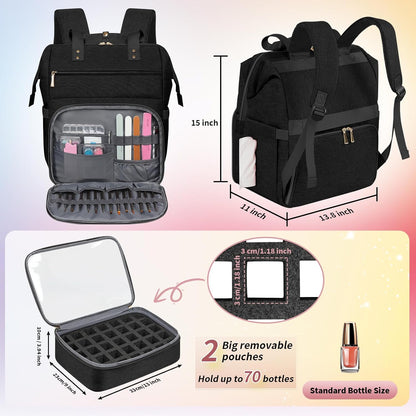 Nail Polish Organizer Case Backpack Holds 70 Bottles (15ml/0.5fl.oz) & Nail Lamp, 2 Layers Detachable Nail Kit Storage Case, Large Travel Nail Supplies Shoulder Bag for Manicure Tools (Purple)