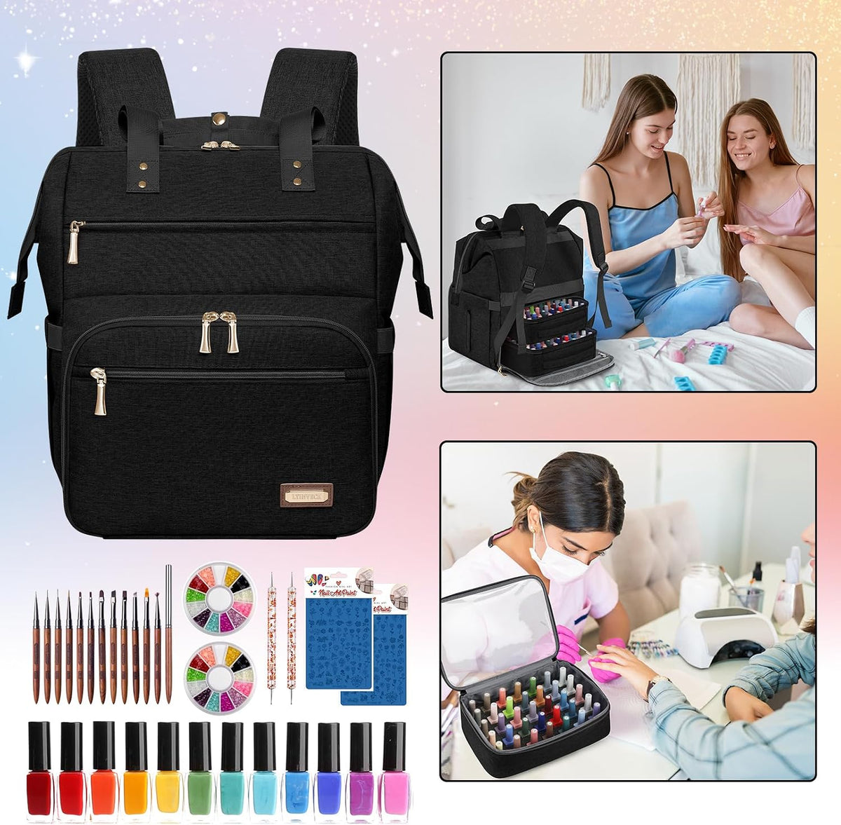 Nail Polish Organizer Case Backpack Holds 70 Bottles (15ml/0.5fl.oz) & Nail Lamp, 2 Layers Detachable Nail Kit Storage Case, Large Travel Nail Supplies Shoulder Bag for Manicure Tools (Purple)