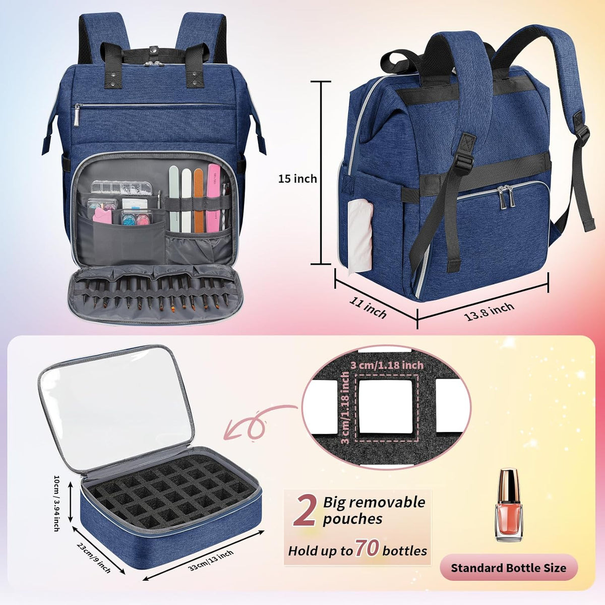 Nail Polish Organizer Case Backpack Holds 70 Bottles (15ml/0.5fl.oz) & Nail Lamp, 2 Layers Detachable Nail Kit Storage Case, Large Travel Nail Supplies Shoulder Bag for Manicure Tools (Purple)