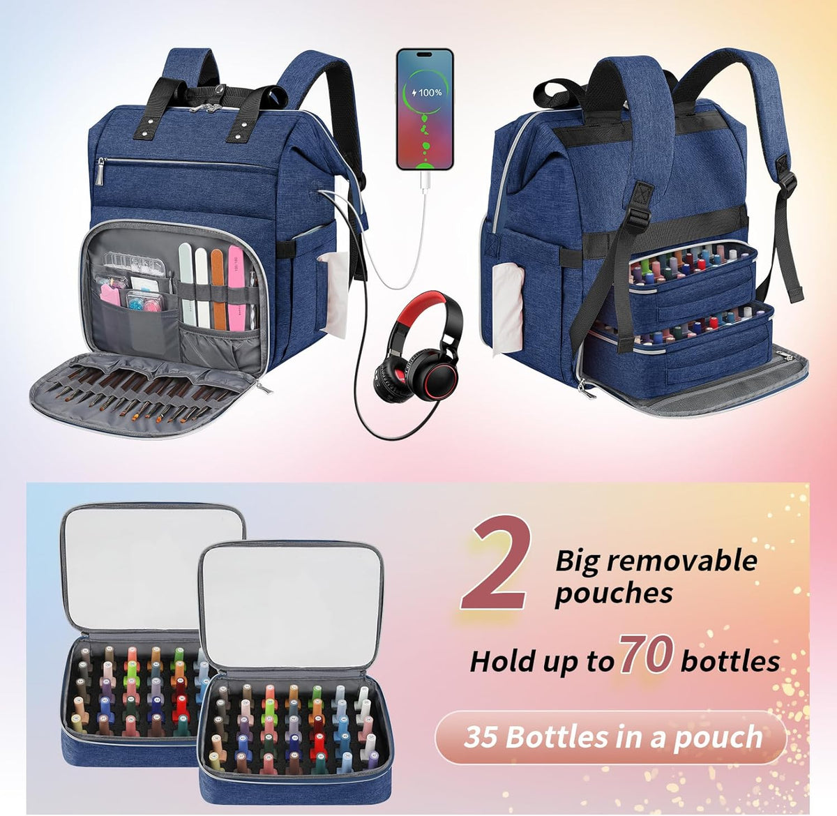 Nail Polish Organizer Case Backpack Holds 70 Bottles (15ml/0.5fl.oz) & Nail Lamp, 2 Layers Detachable Nail Kit Storage Case, Large Travel Nail Supplies Shoulder Bag for Manicure Tools (Purple)