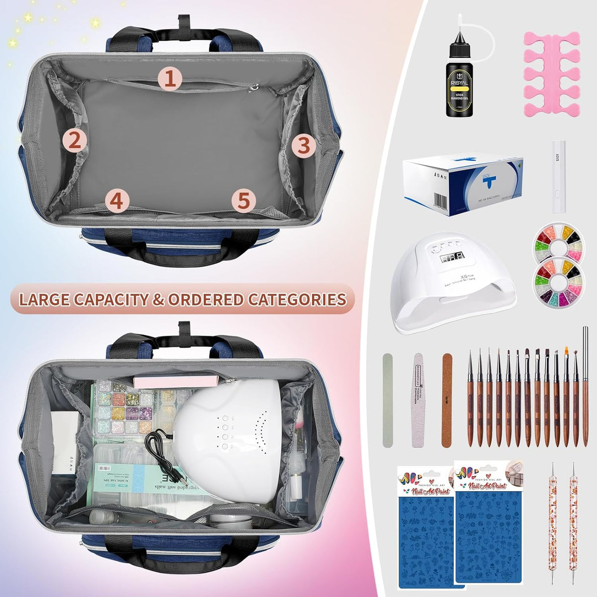 Nail Polish Organizer Case Backpack Holds 70 Bottles (15ml/0.5fl.oz) & Nail Lamp, 2 Layers Detachable Nail Kit Storage Case, Large Travel Nail Supplies Shoulder Bag for Manicure Tools (Purple)