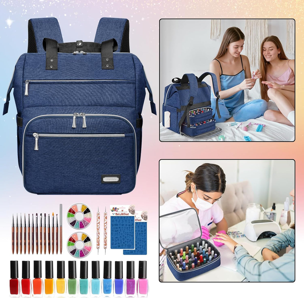 Nail Polish Organizer Case Backpack Holds 70 Bottles (15ml/0.5fl.oz) & Nail Lamp, 2 Layers Detachable Nail Kit Storage Case, Large Travel Nail Supplies Shoulder Bag for Manicure Tools (Purple)